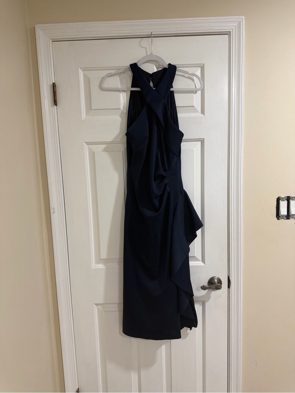 Xscape Navy One-Shoulder Ruffle Cocktail Dress